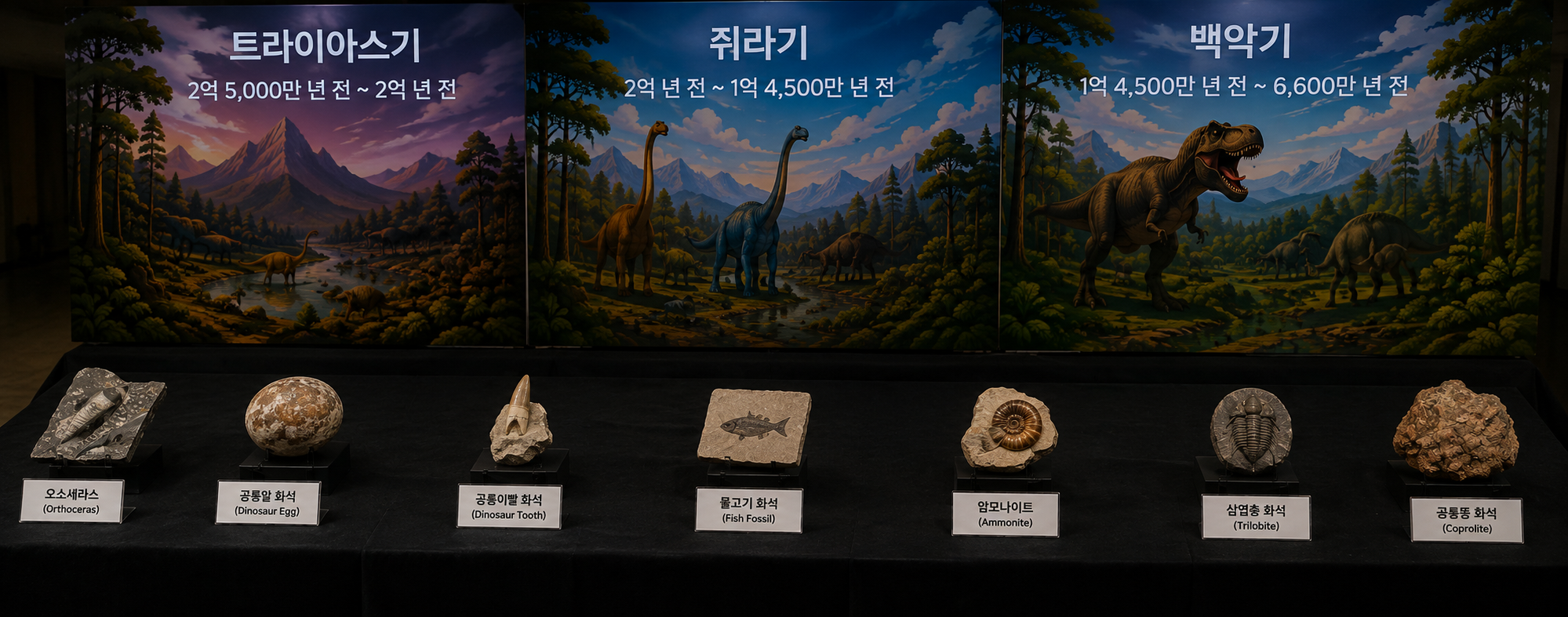 쥐라기·백악기 현수막 아래 실제 화석 전시